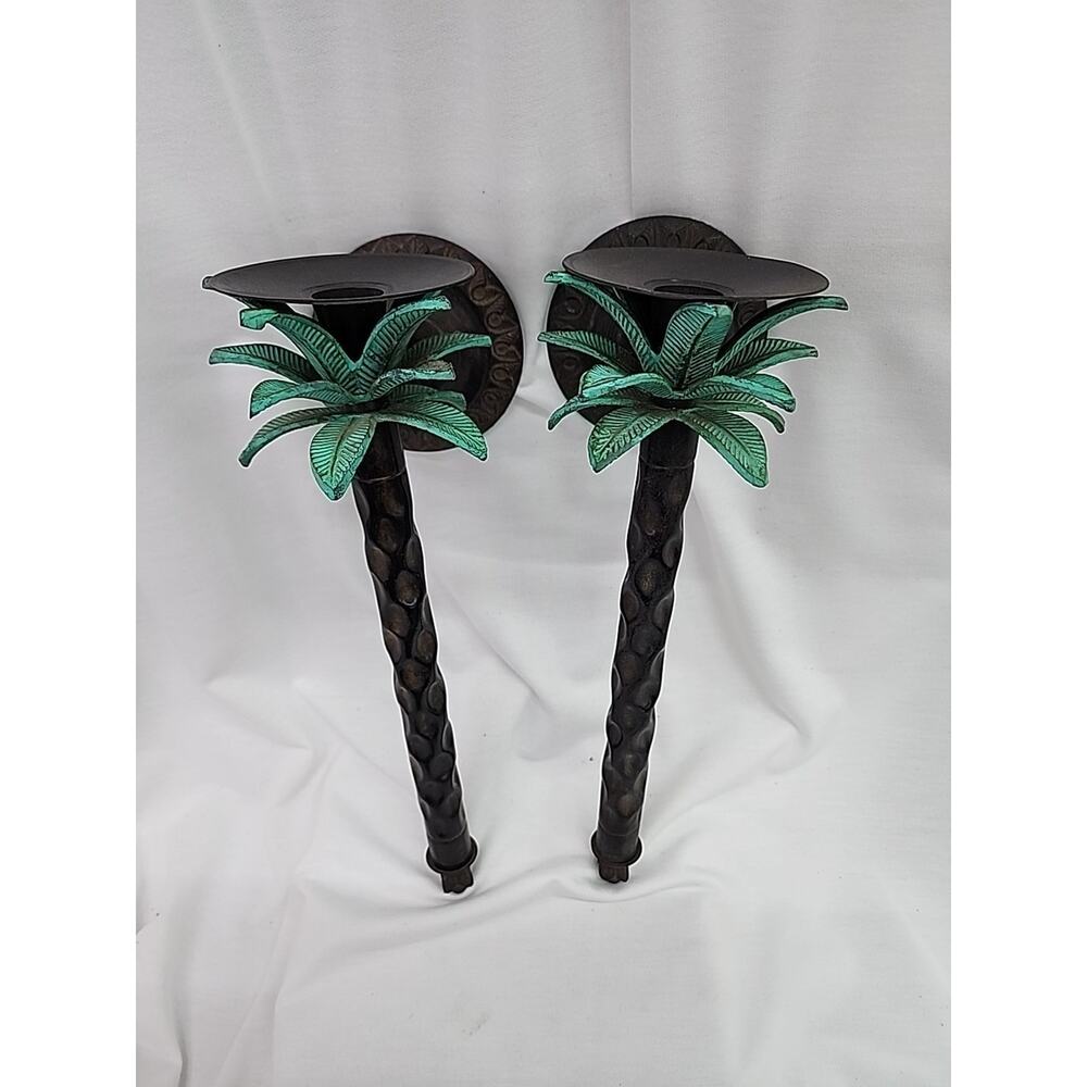 Wall Candle Sconces Pair Of 2 Brass Palm Trees Made In India 13" Good Condition - Picture 2 of 15